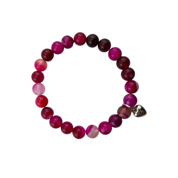Pink and Red Agate Stretch Bracelet Silver Tone Heart Charm - Picture 3 of 8